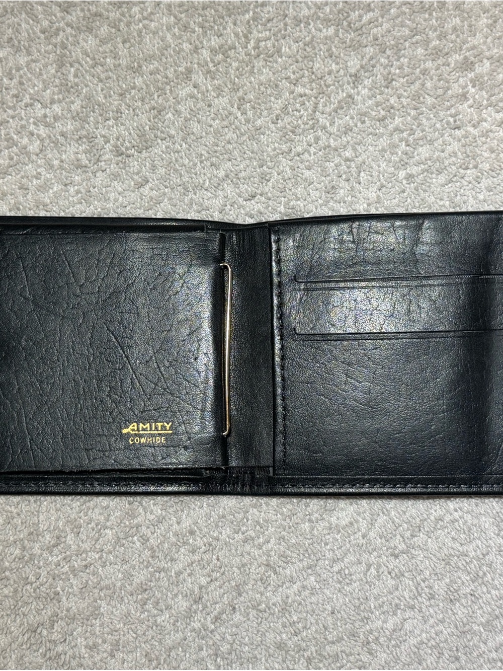 VTG Amity Black Cowhide Leather Money Clip Bifold Wallet Retro Minimalist